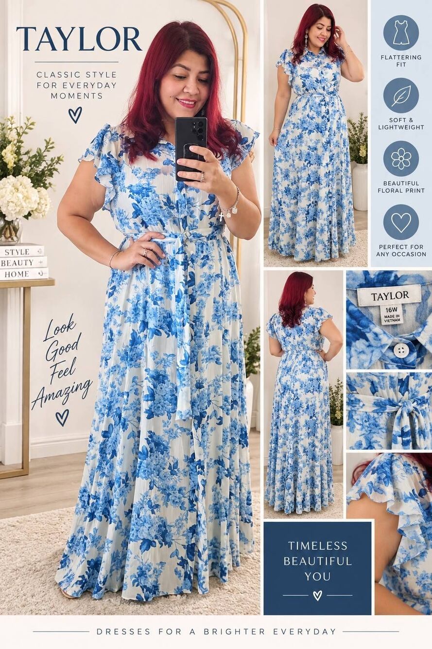 Taylor Women’s 16W Blue White Floral Belted Button Front Maxi Dress